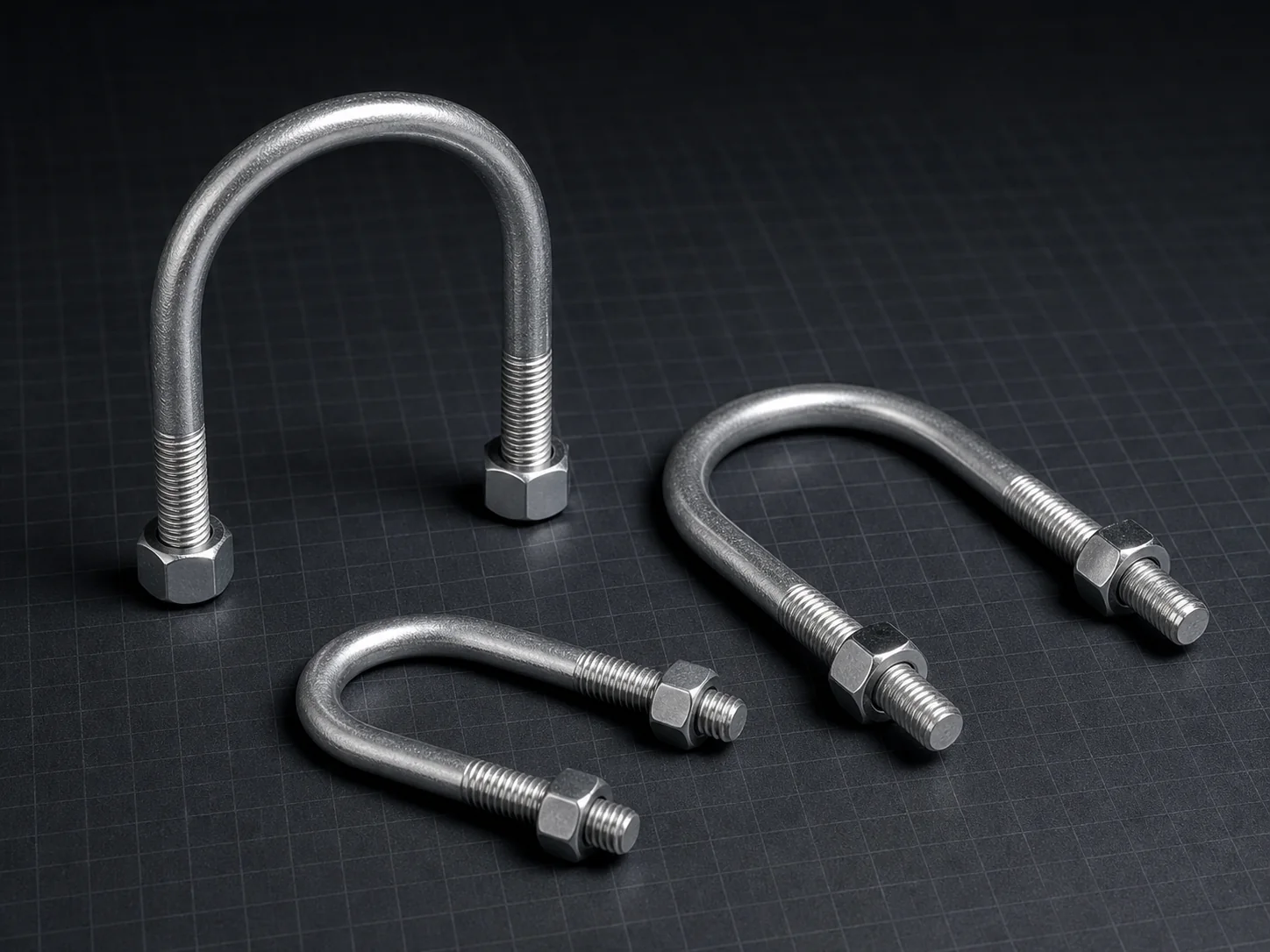 Tres abrazaderas U-Bolt galvanizadas de diferentes tamaños con sus tuercas