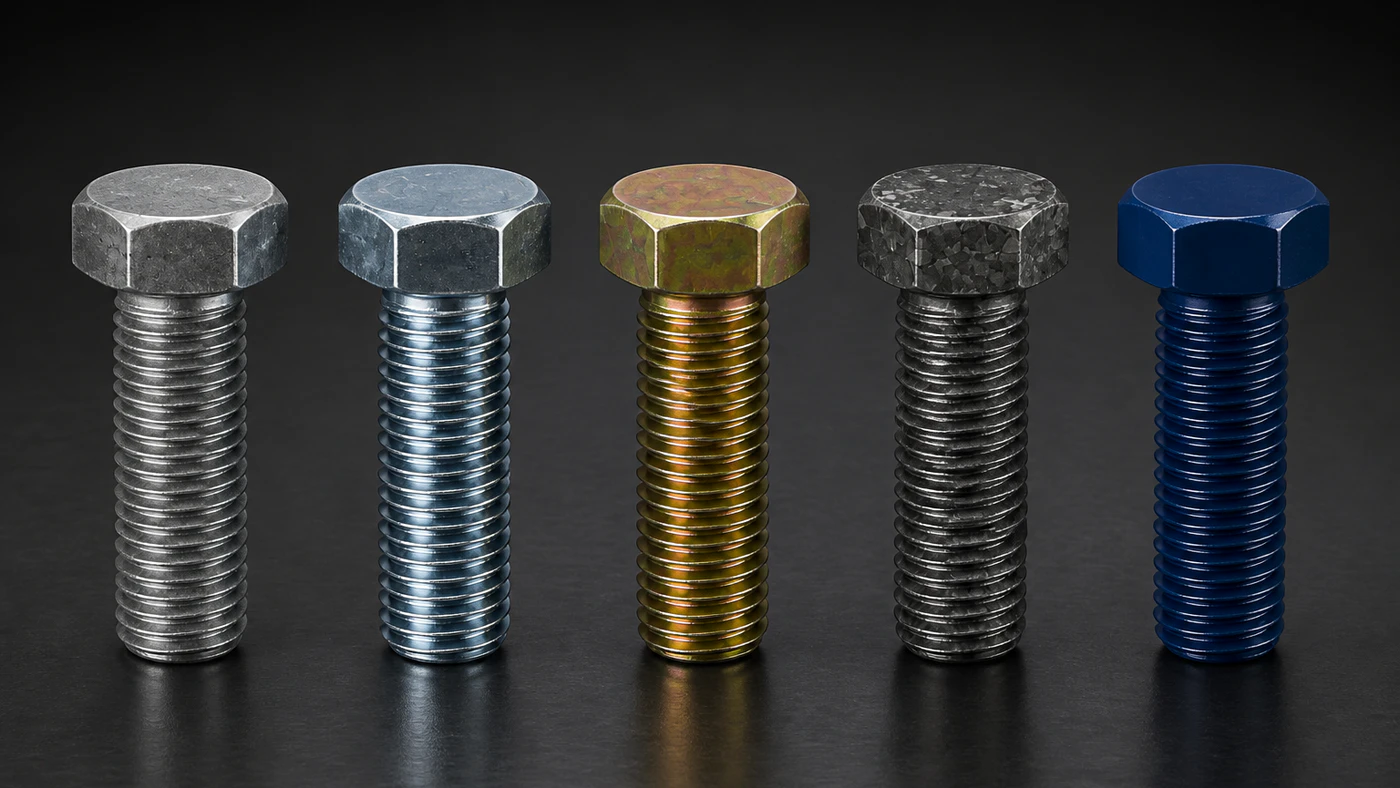 Cinco pernos con recubrimientos galvanizado, zincado, bicromatizado, zinc flake y PTFE