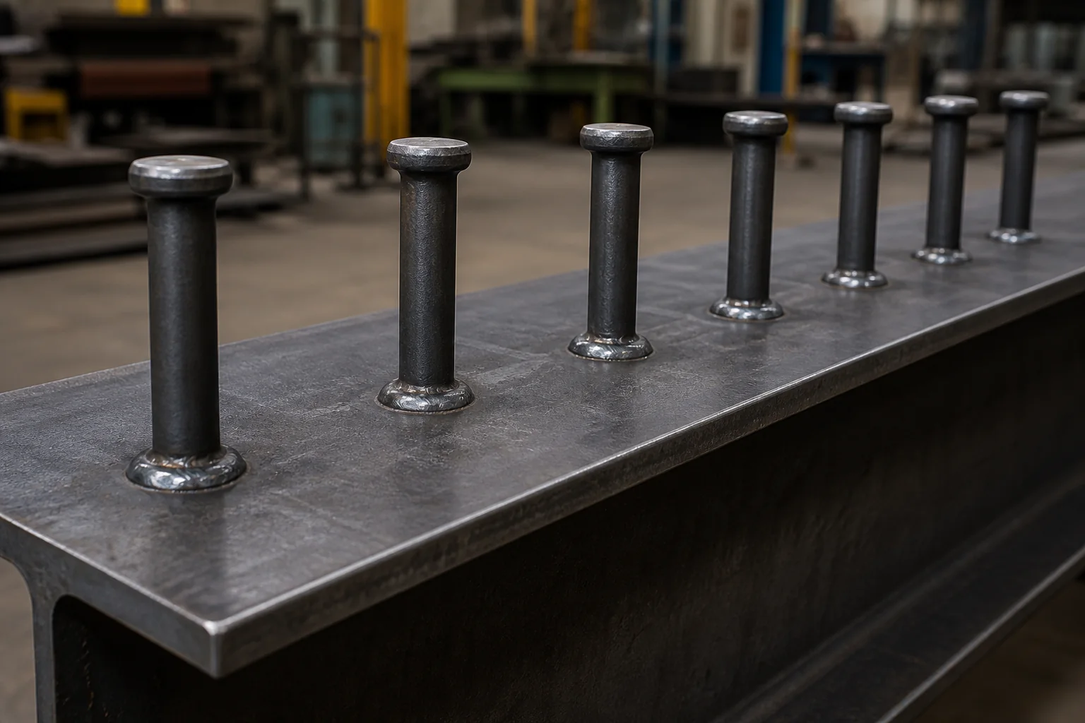 Primer plano de conectores de corte tipo stud soldados directamente sobre el ala superior de una viga de acero