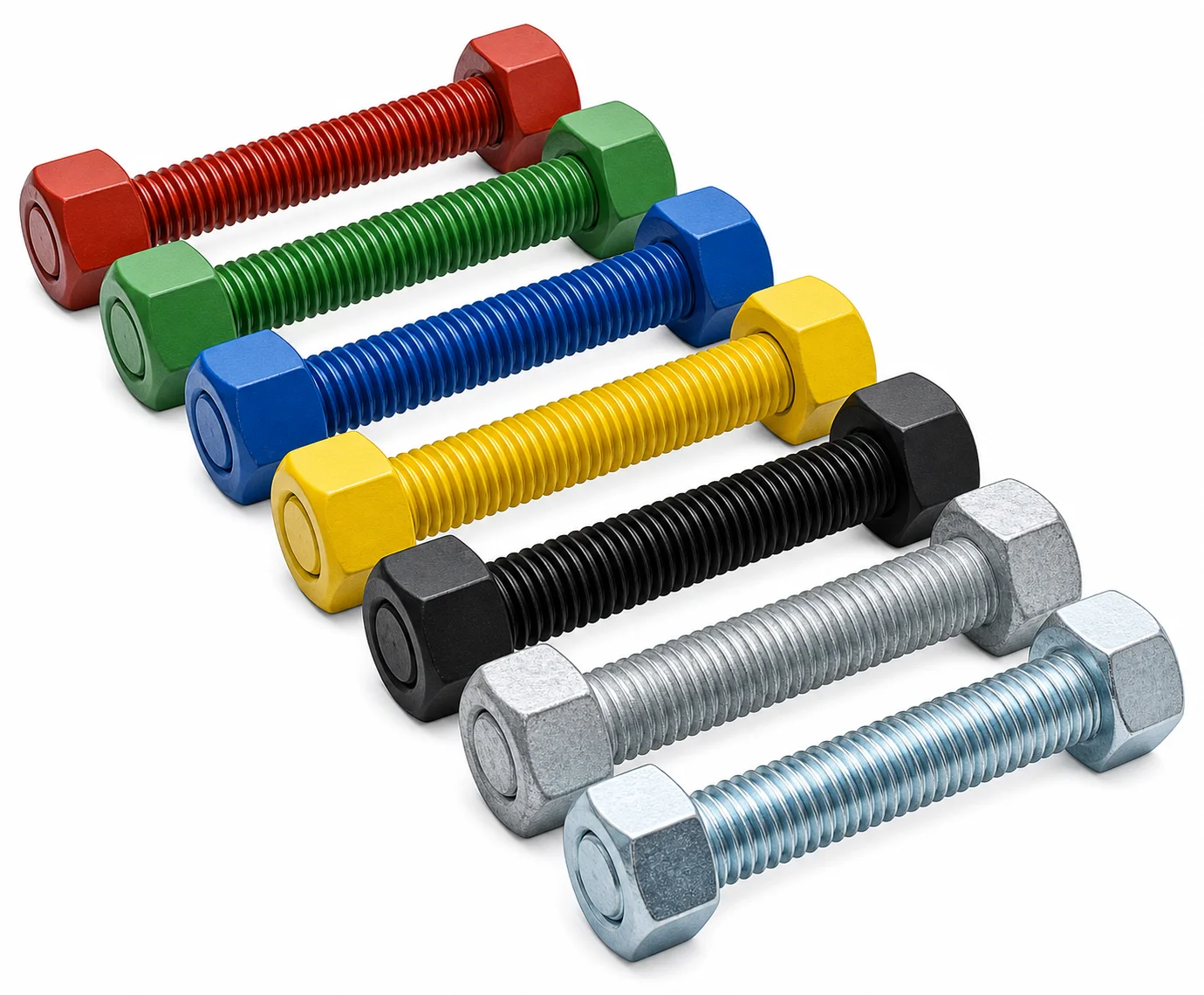 Pernos con recubrimientos rojo, verde, azul, amarillo, negro, galvanizado y zincado