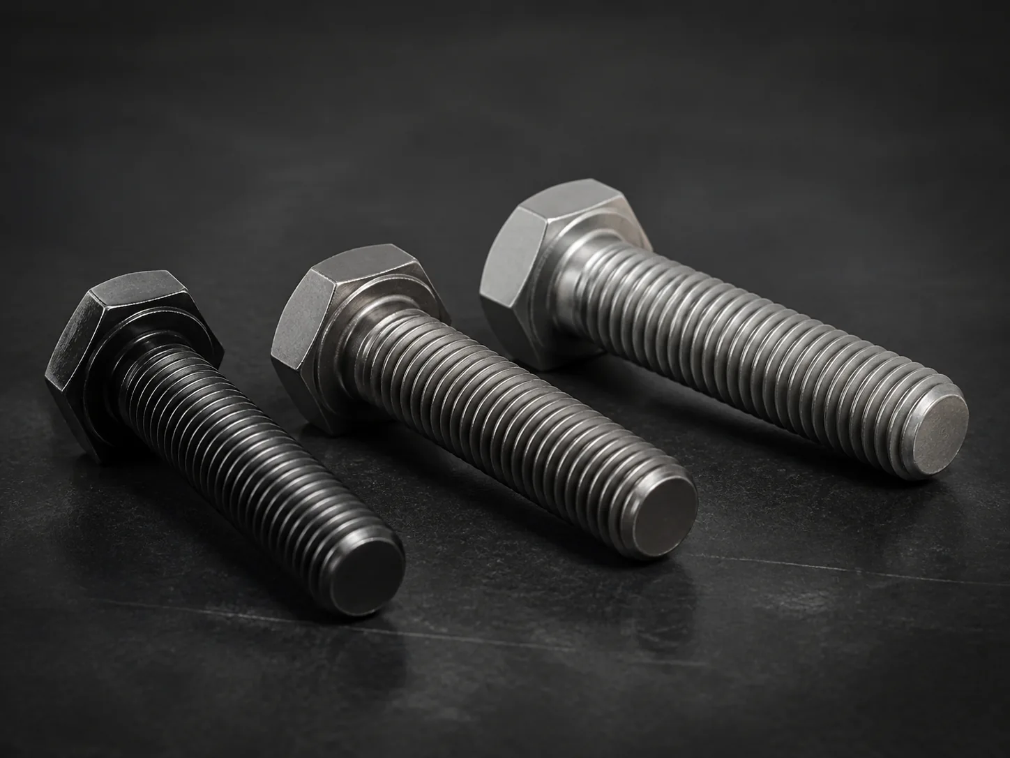 Tres pernos hexagonales SAE completos presentados de perfil sobre una superficie industrial