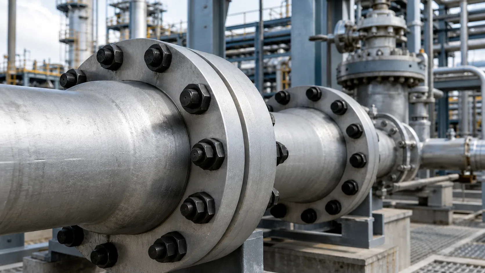 Unión bridada industrial ensamblada con espárragos roscados y tuercas hexagonales